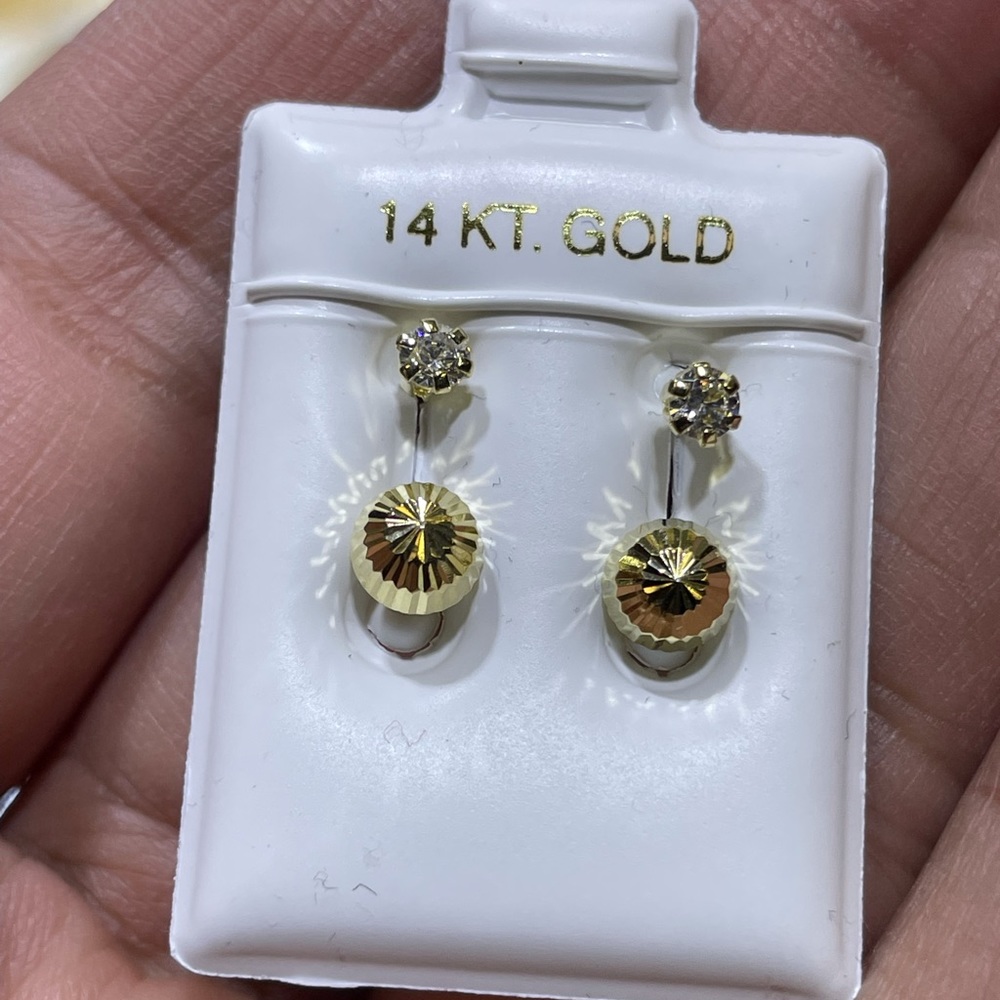 Solid Gold 14Karat  Half Diamond Cut Cz Ball Telephone Earring